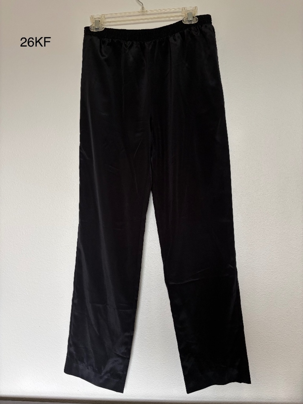 Black Satin Pull-On Pants Elastic Waist Wide Straight Leg Trousers *26KF*